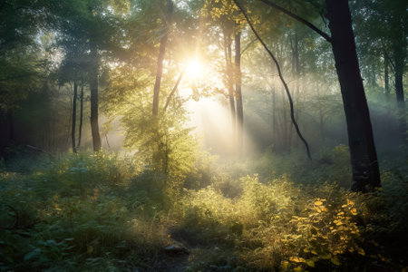 sun rays in the green forest. Generative AI.の素材