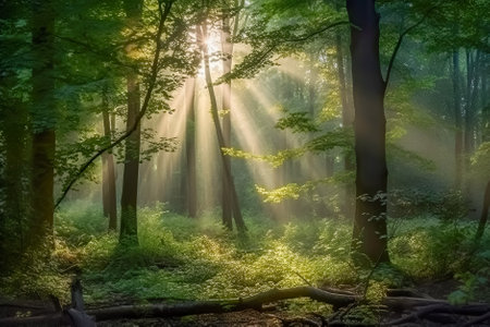 sun rays in the green forest. Generative AI.の素材