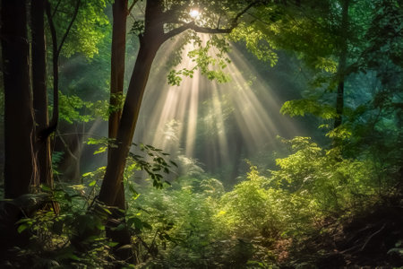 sun rays in the green forest. Generative AI.の素材
