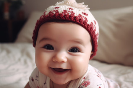 Portrait of a smiling baby girl with blue eyes looking at camera. Generative AI.の素材