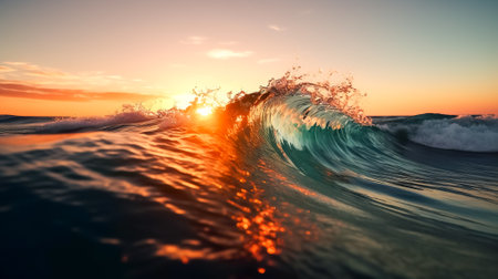 Blue ocean waves at sunset. beautiful natural background. Generative AI.の素材
