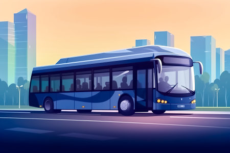Bus on the road in the city. Generative AI.の素材