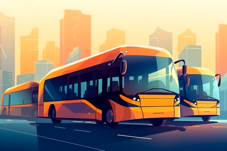 Bus on the road in the city. Generative AI.の素材
