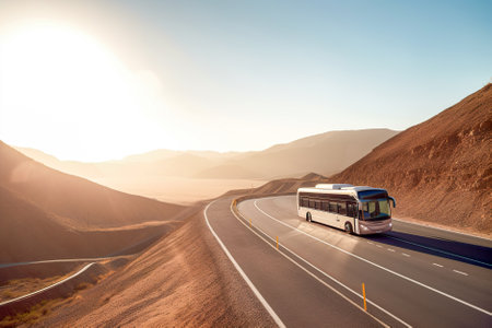 Bus on the road in the mountains at sunset. travel concept. Generative AI.の素材
