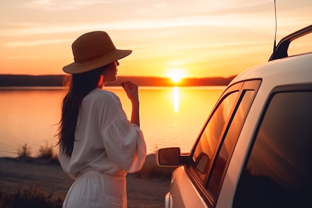 Beautiful young woman in a hat and a white dress is standing by the car at sunset. Generative AI.の素材