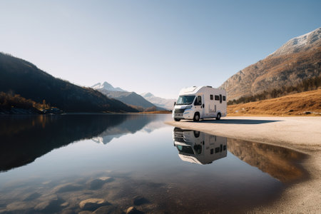 Camper car on nature lake in Norway. Holidays in motor home. Generative AI.の素材