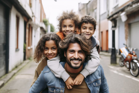Portrait of a happy family of four standing together on the street. Generative AI.の素材