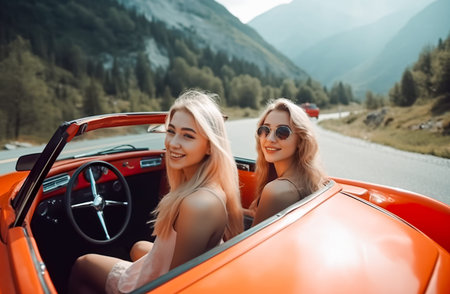Two beautiful girls in a red cabriolet in the mountains. Generative AI.の素材