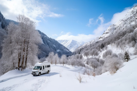 camper in the mountains. Generative AI.の素材