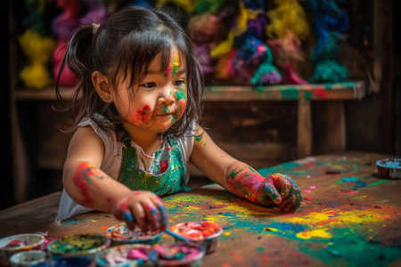 Cute little girl painting with colorful paints in her room at home. Generative AI.の素材