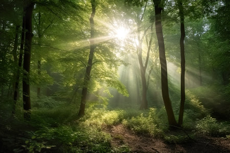 sun rays in the green forest. Generative AI.の素材