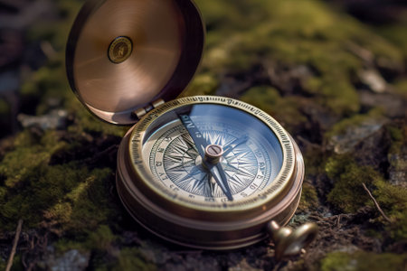 Compass on mossy ground. selective focus. Shallow depth of field. Generative AI.の写真素材
