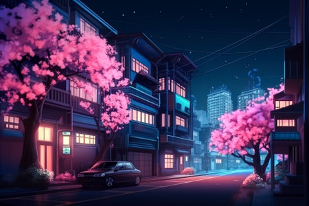 Japanese style house at night with cherry blossoms in the foreground. Generative AI.の写真素材