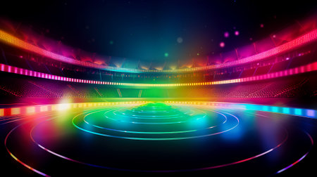 Abstract background with neon lights and rays. Generative AI.の写真素材