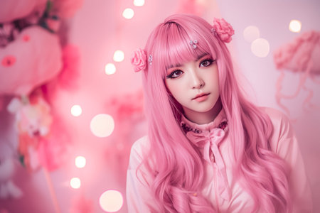 beautiful girl in pink wig looking at camera while standing in room. Generative AI.