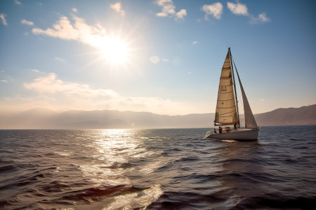 Sailing yacht in the sea at sunset. Generative AI.の写真素材