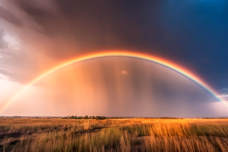 Rainbow in the field with grass and trees on the horizon. Generative AI.の素材
