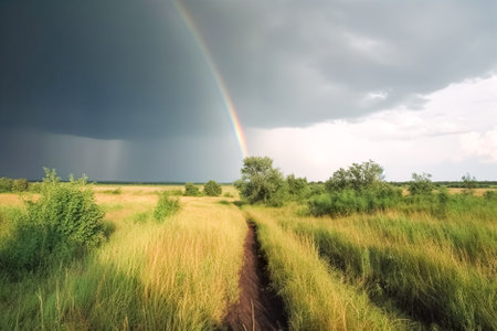 Rainbow over the meadow in summer. landscape of nature. Generative AI.の素材