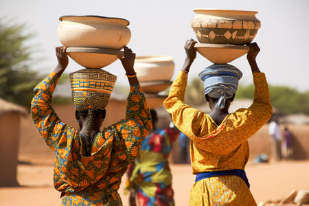 African women carry things on their heads. Generative AI.の素材