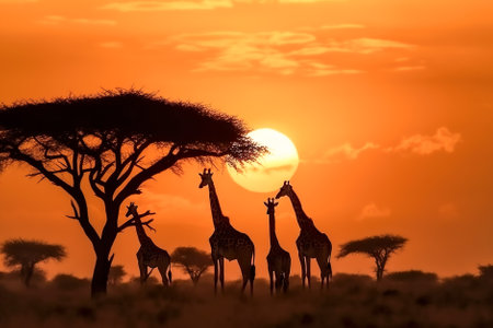 Silhouette of giraffe in savannah at sunset. Generative AI.の素材