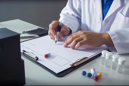 Close-up of a young female scientist writing on a medical report in a laboratory. Generative AI.の写真素材