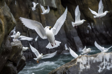 Seagulls on the rock in the sea. Generative AI.の素材