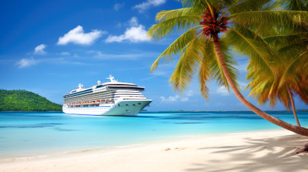 Cruise ship on a tropical beach with palm trees and white sand. Generative AI.の素材