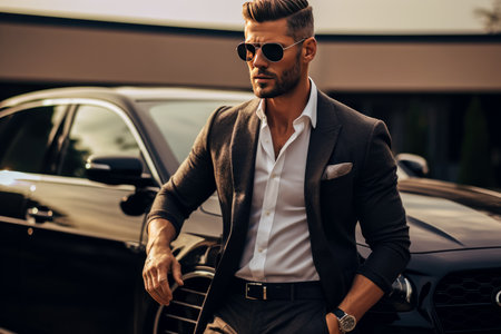 Handsome young man in sunglasses is looking away and smiling while standing outdoors. Generative AI.の素材