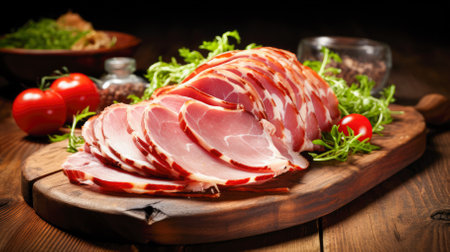 Sliced smoked bacon on a wooden board with herbs and spices. Generative AI.の素材
