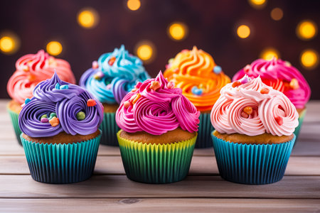 Colorful cupcakes on wooden table with bokeh background. Generative AI.の素材