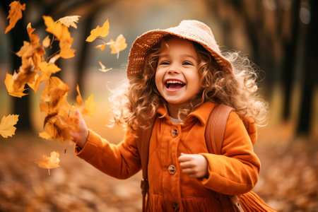 Happy little girl playing with autumn leaves in the park. autumn concept. Generative AI.の素材
