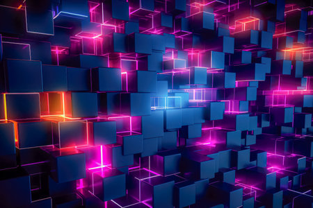 abstract background with glowing cubes in dark space. Generative AI.