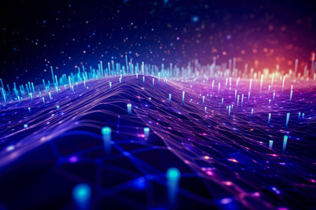 Futuristic technology wave background with glowing lines and bokeh. Generative AI.
