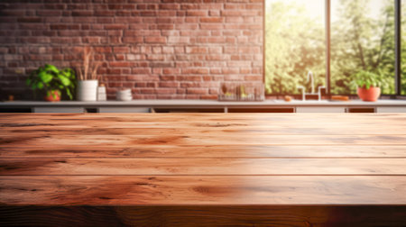 Empty wooden table in front of blurred kitchen background. Generative AI.の素材