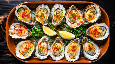 Baked oysters with cheese and parsley in baking dish on wooden background. Generative AI.の素材