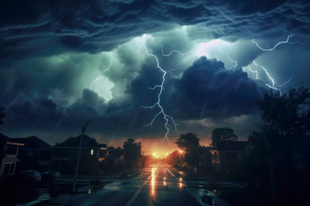 Storm in the night sky over the house. Generative AI.の素材