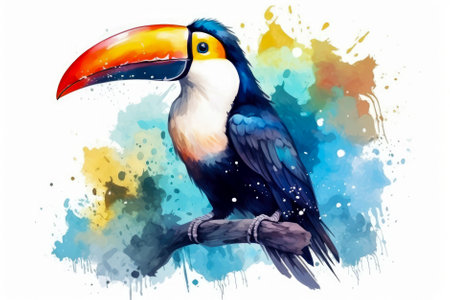 Watercolor painting of toucan bird on a branch with colorful splashes. Generative AI.の素材