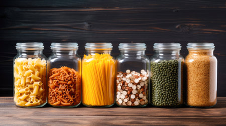 Different types of dry pasta in glass jars on a wooden background. Generative AI.の素材