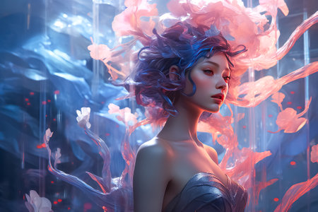 Fantasy portrait of a beautiful woman with blue hair. Generative AI.の素材