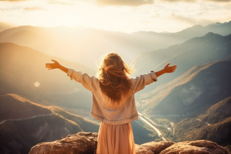 Happy woman with arms outstretched standing on top of a mountain and enjoying the view. Generative AI.の素材