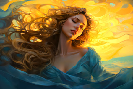 Beautiful young woman with long wavy hair. Generative AI.の素材