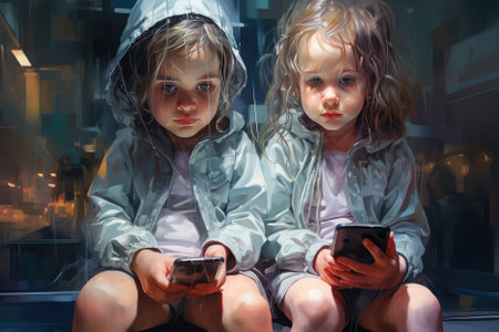 Two little children with mobile phones in their hands. Generative AI.の素材