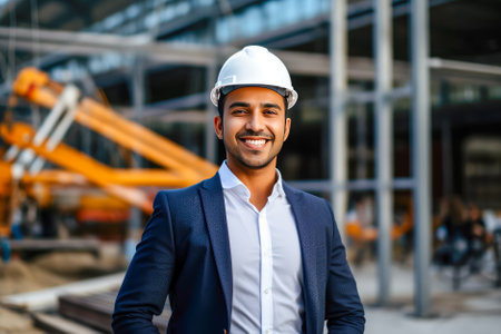Portrait of young indian male engineer in hardhat standing outdoors.の素材