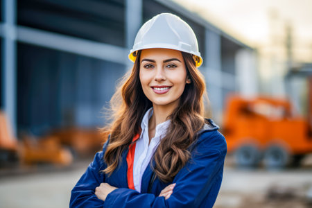 portrait of smiling female architect in hardhat at construction site.の素材