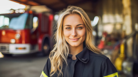 Portrait of a beautiful female firefighter standing in front of a fire truck.の素材
