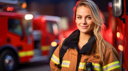 Portrait of a beautiful female firefighter standing in front of a fire truck.の素材