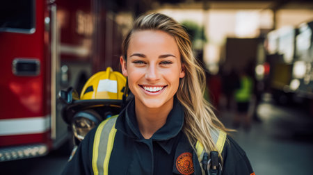 Portrait of a beautiful female firefighter standing in front of a fire truck.の素材