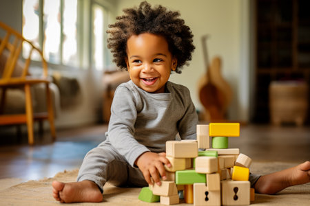 african american little boy playing with wooden blocks in living room at home.の素材