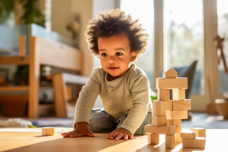 african american little boy playing with wooden blocks in living room at home.の素材