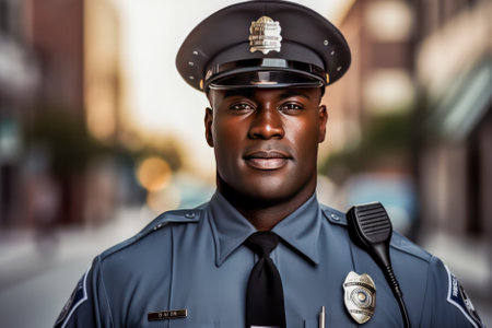 African american police officer in uniform. Studio shot over dark background.の素材